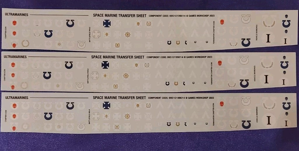 Warhammer 40k 3 x Ultramarines Transfers / Decals Sheets, NEW