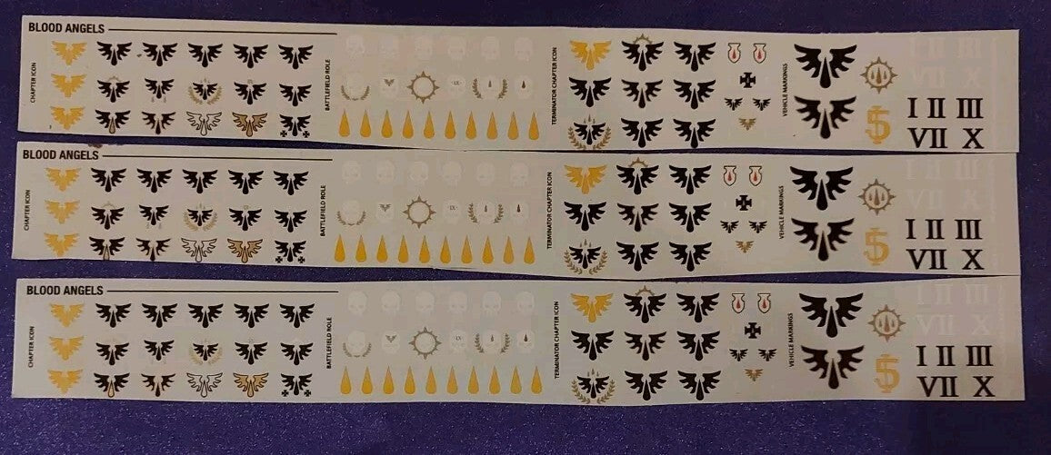 Warhammer 40k 3 x Blood Angels Transfers / Decals Strips, NEW
