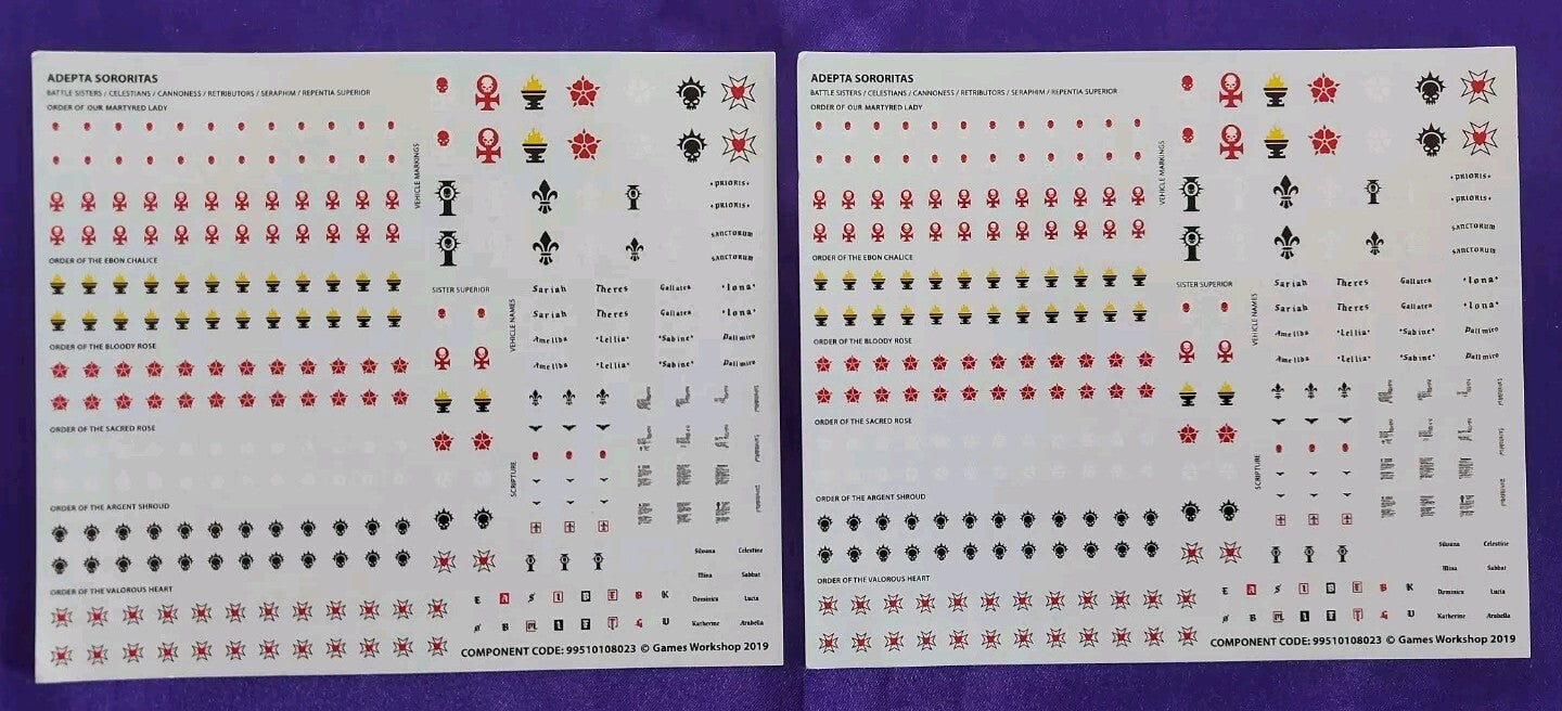 Warhammer 40K Adepta Sororitas - 2 Transfer Sheets, NEW