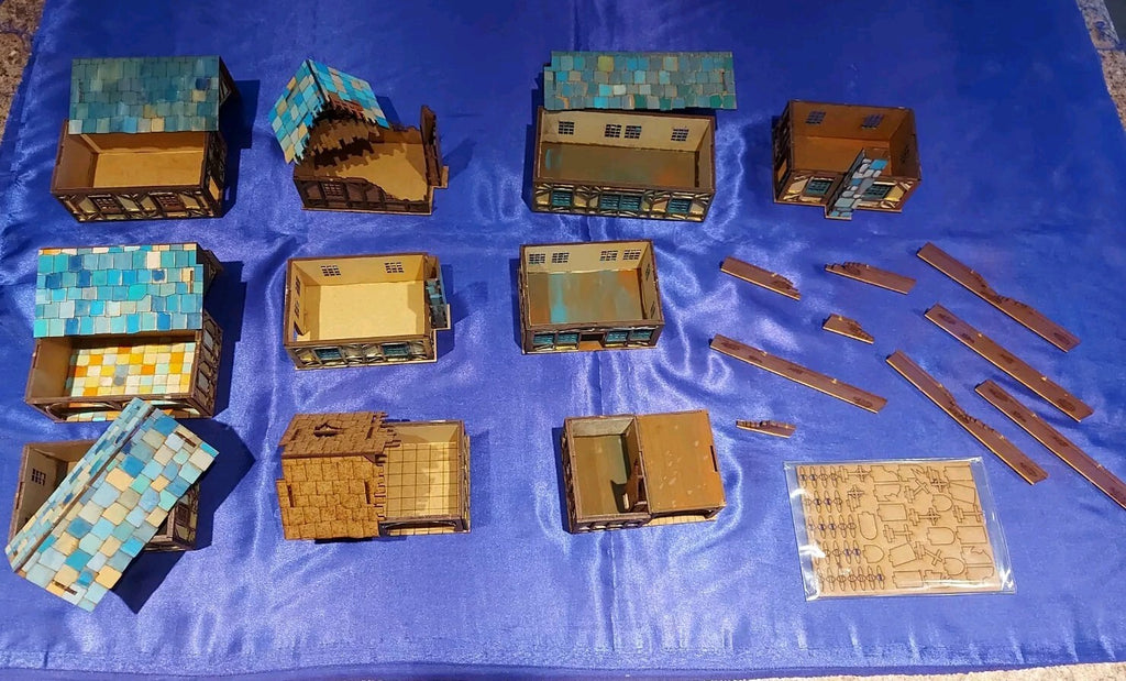 Small Collection Of Wargame Scenary / Village, 10 MDF Houses Part Painted, NEW