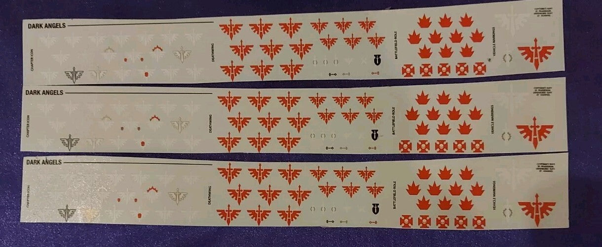 Warhammer 40k 3 x Dark Angels Transfers / Decals Sheets, NEW