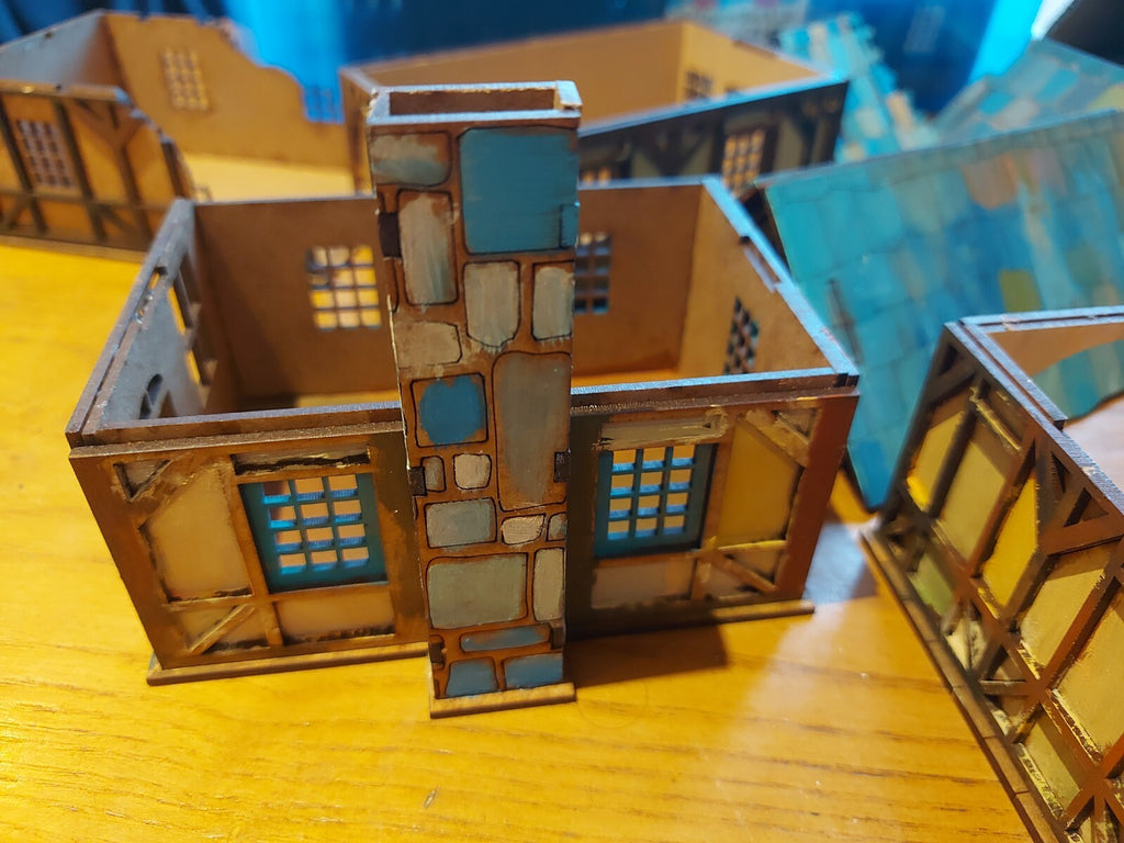 Small Collection Of Wargame Scenary / Village, 10 MDF Houses Part Painted, NEW