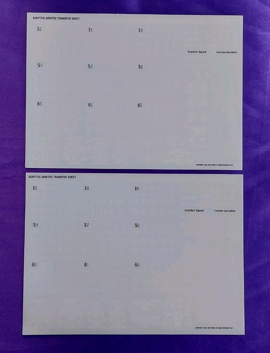 Warhammer 40K - 2 Adeptus Arbites Transfer Sheets, NEW